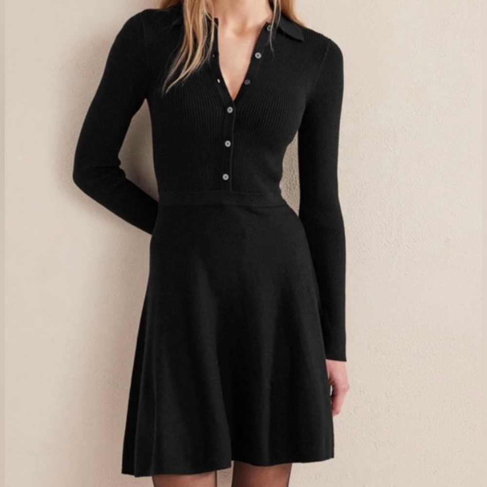 Size L Waist 34” Boden Black Rib Detail Knitted Long-Sleeve Dress